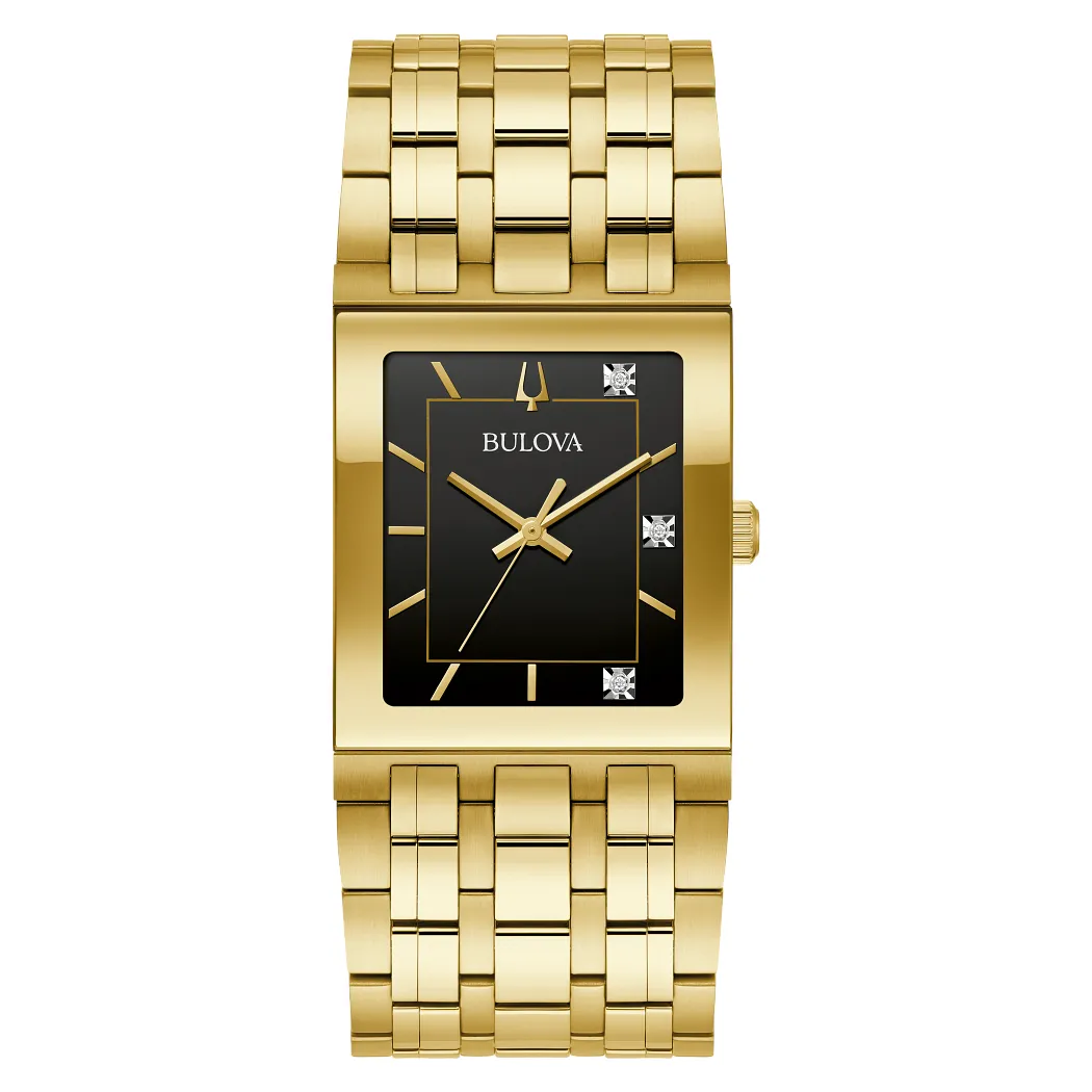 Bulova Marc Anthony Mens Gold Tone Quadra Diamond Black Dial Watch