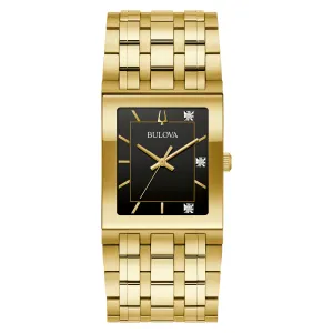 Bulova Marc Anthony Mens Gold Tone Quadra Diamond Black Dial Watch