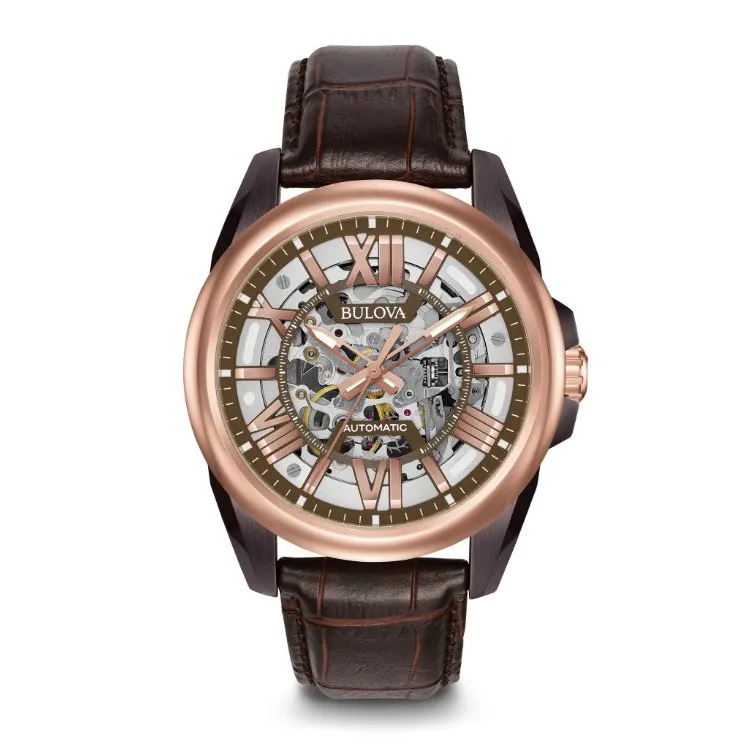 Bulova Sutton Mens Automatic Two Tone Brown Leather Strap Watch
