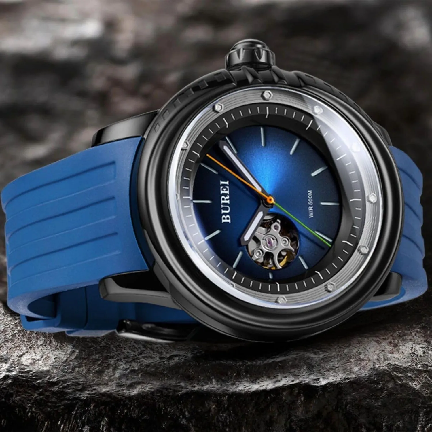 BUREI Automatic Dive Watch Sapphire Glass Wrist Watch Men's 500m Waterproof Watch with Rubber Strap，Luminous Hands and Markers