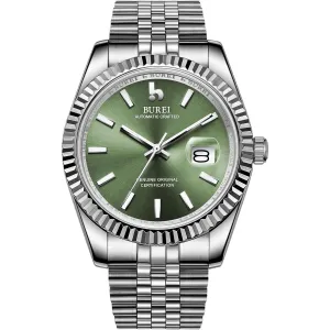 BUREI Men's Automatic Watch Analog Dial with Date Window Sapphire Crystal Stainless Steel Band and Case