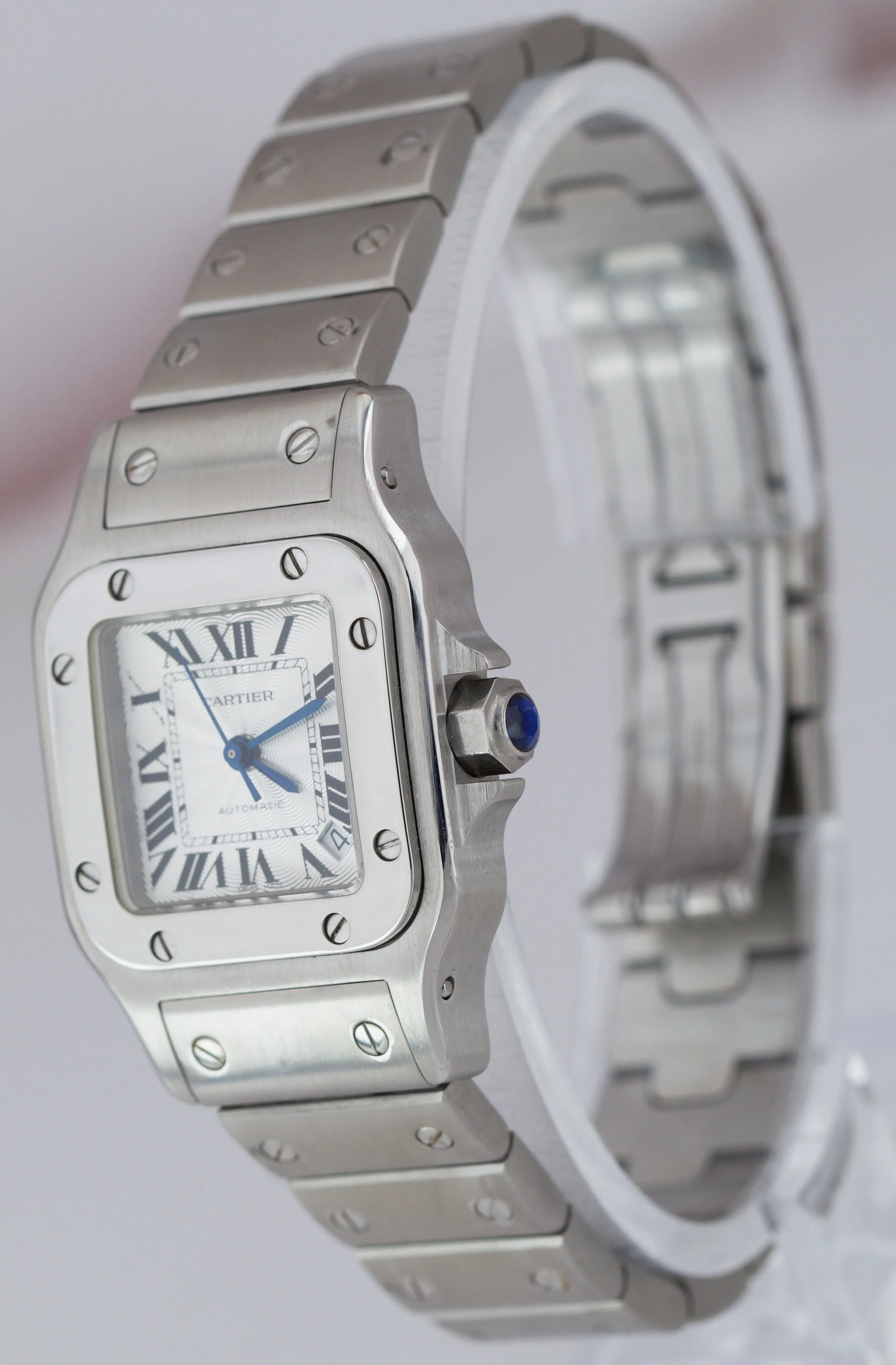 Cartier Santos Galbee Silver Guilloché 24mm Automatic Stainless Steel Watch 2423