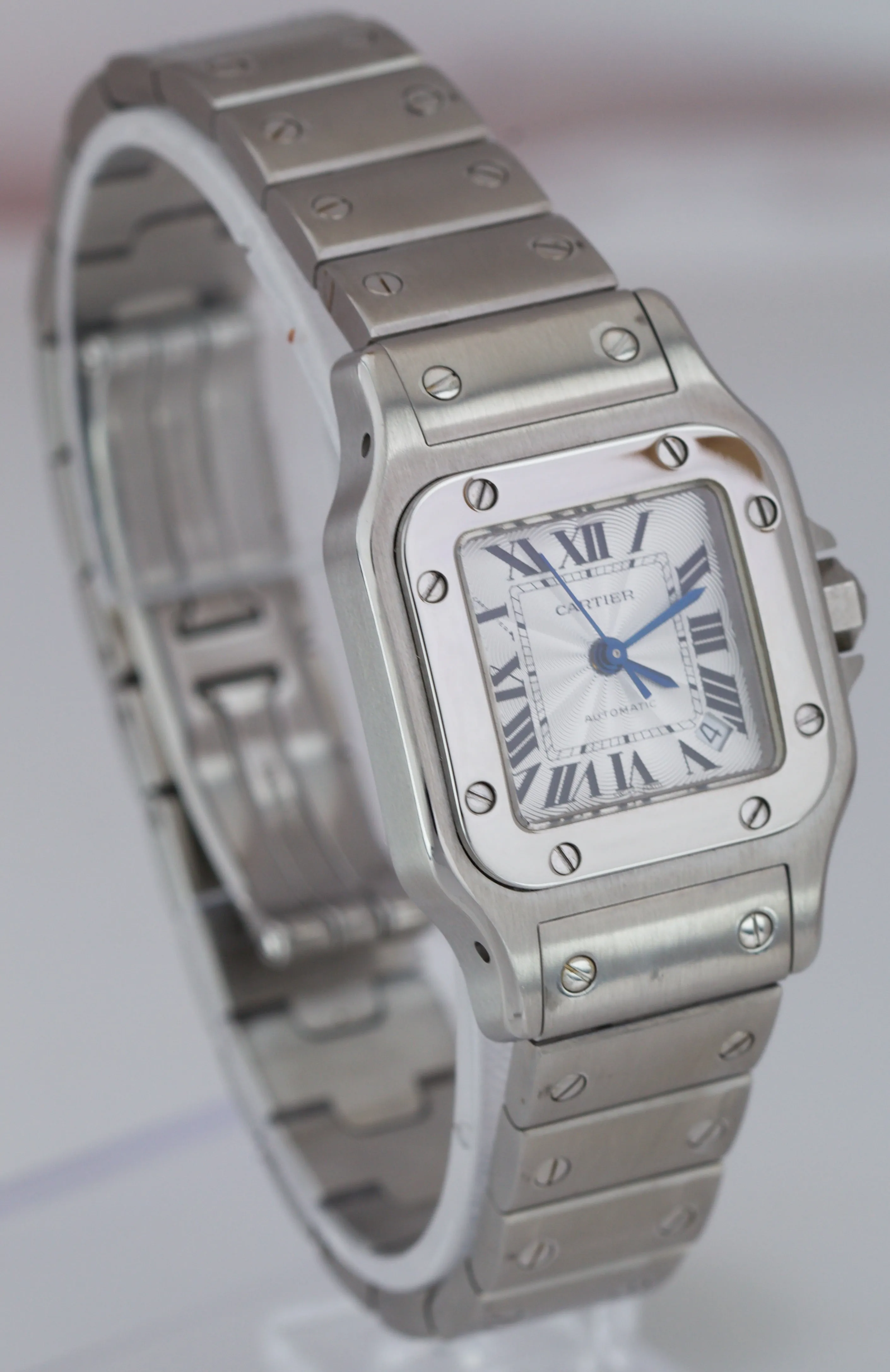 Cartier Santos Galbee Silver Guilloché 24mm Automatic Stainless Steel Watch 2423