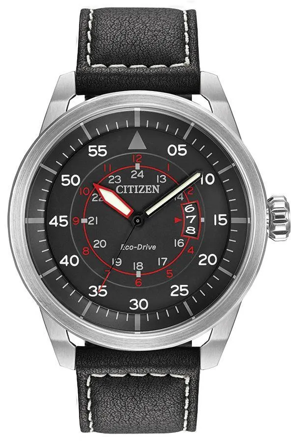 Citizen Avion Eco Drive Black Dial Black Leather Men's Watch AW1361-01E