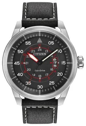 Citizen Avion Eco Drive Black Dial Black Leather Men's Watch AW1361-01E