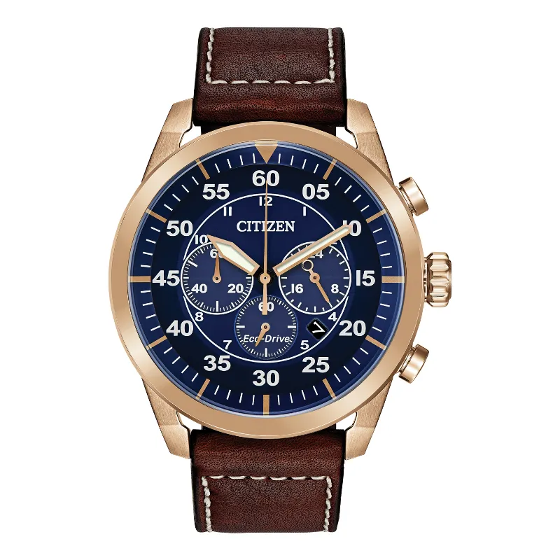 Citizen Avion Mens Eco Drive Chronograph Rose Tone Blue Dial Leather Strap Watch