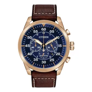 Citizen Avion Mens Eco Drive Chronograph Rose Tone Blue Dial Leather Strap Watch