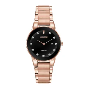 Citizen Axiom Ladies Eco Drive Rose Tone Diamond and Black Dial Watch