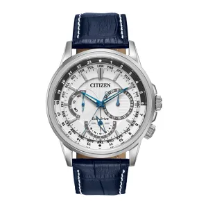 Citizen Calendrier Mens Eco Drive Stainless Steel Blue Leather Strap Watch