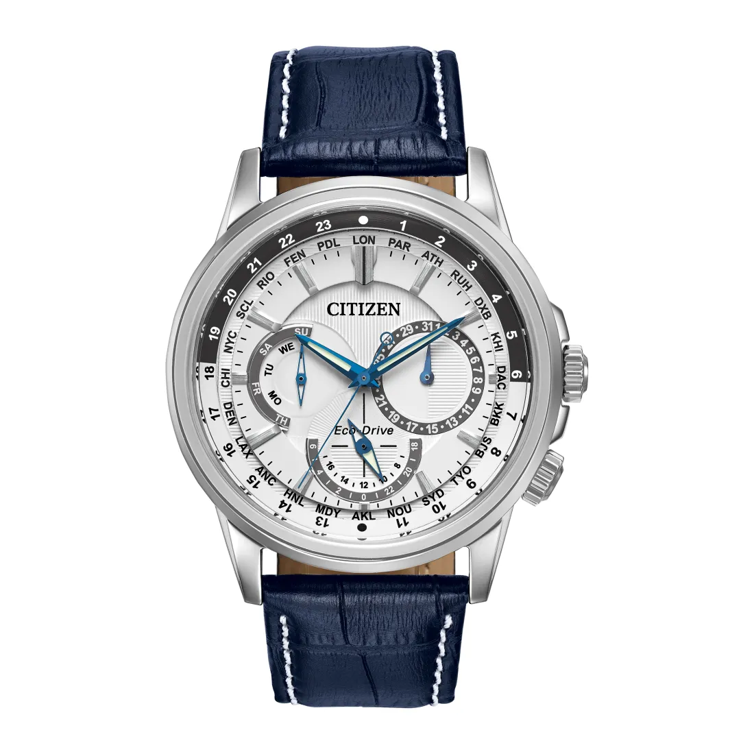 Citizen Calendrier Mens Eco Drive Stainless Steel Blue Leather Strap Watch