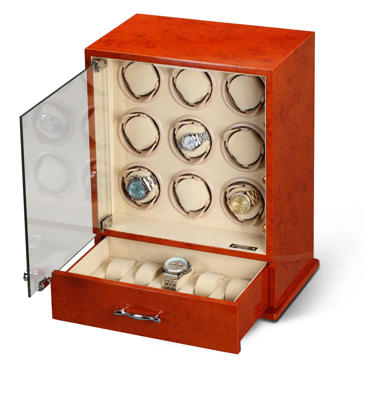 Diplomat Estate Burlwood Nine Watch Winder with Cream Leather Interior