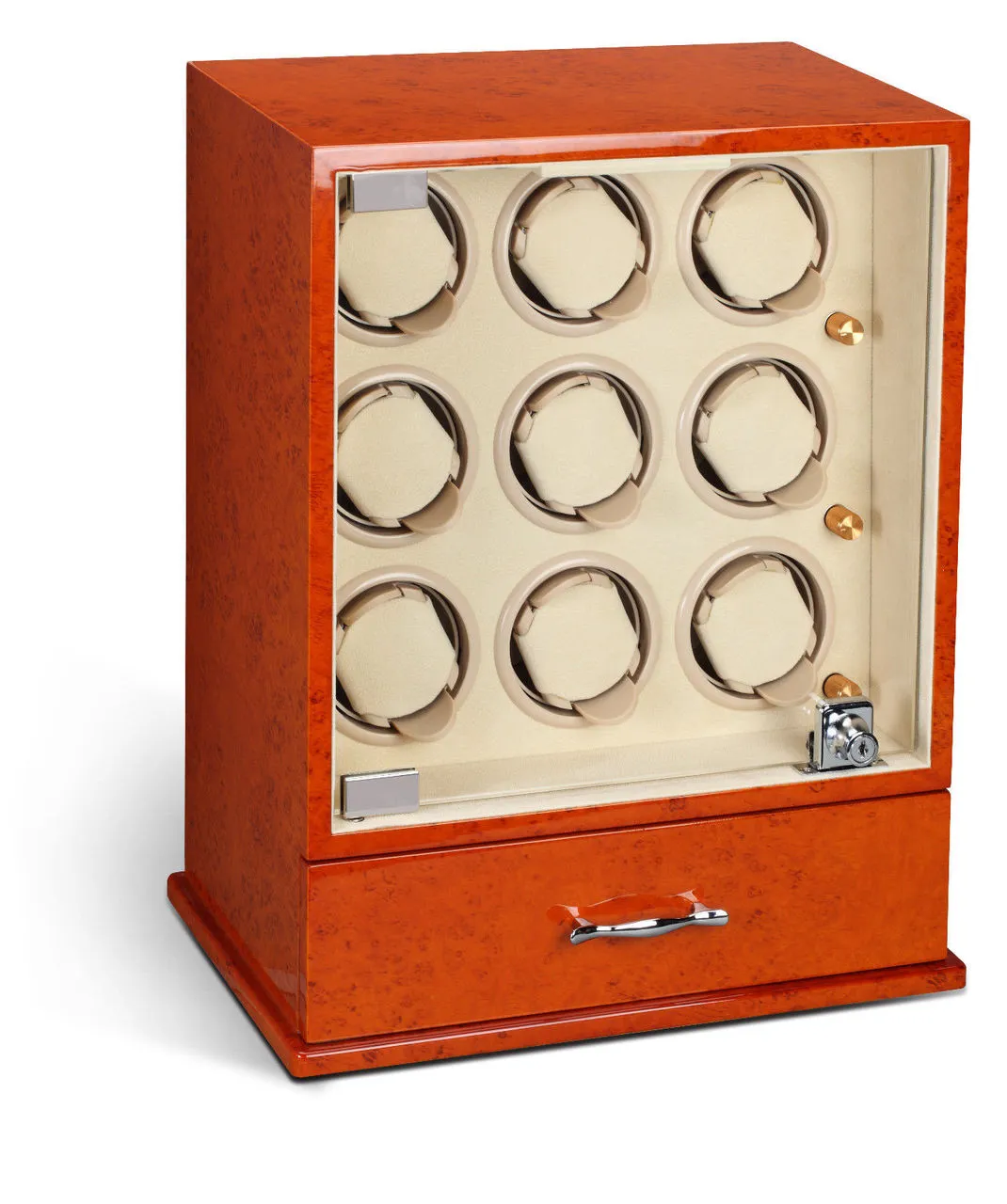 Diplomat Estate Burlwood Nine Watch Winder with Cream Leather Interior