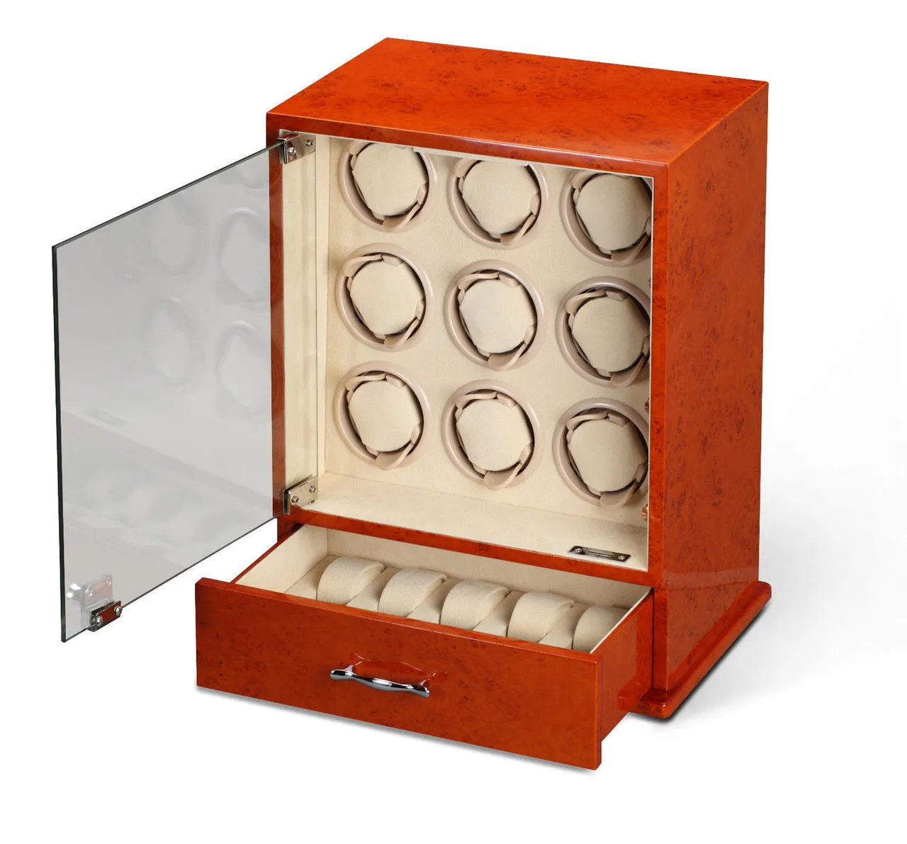 Diplomat Estate Burlwood Nine Watch Winder with Cream Leather Interior
