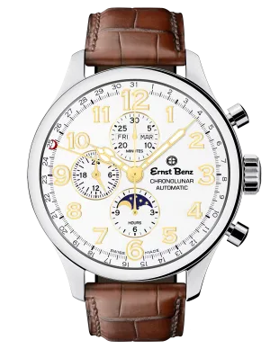Ernst Benz Chronolunar Officer 47mm White Dial Gold Hands Men's Watch GC10384