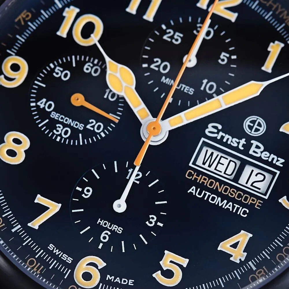 Ernst Benz Chronoscope 47mm Black - Orange Classic Alligator Strap Men's Watch GC10116