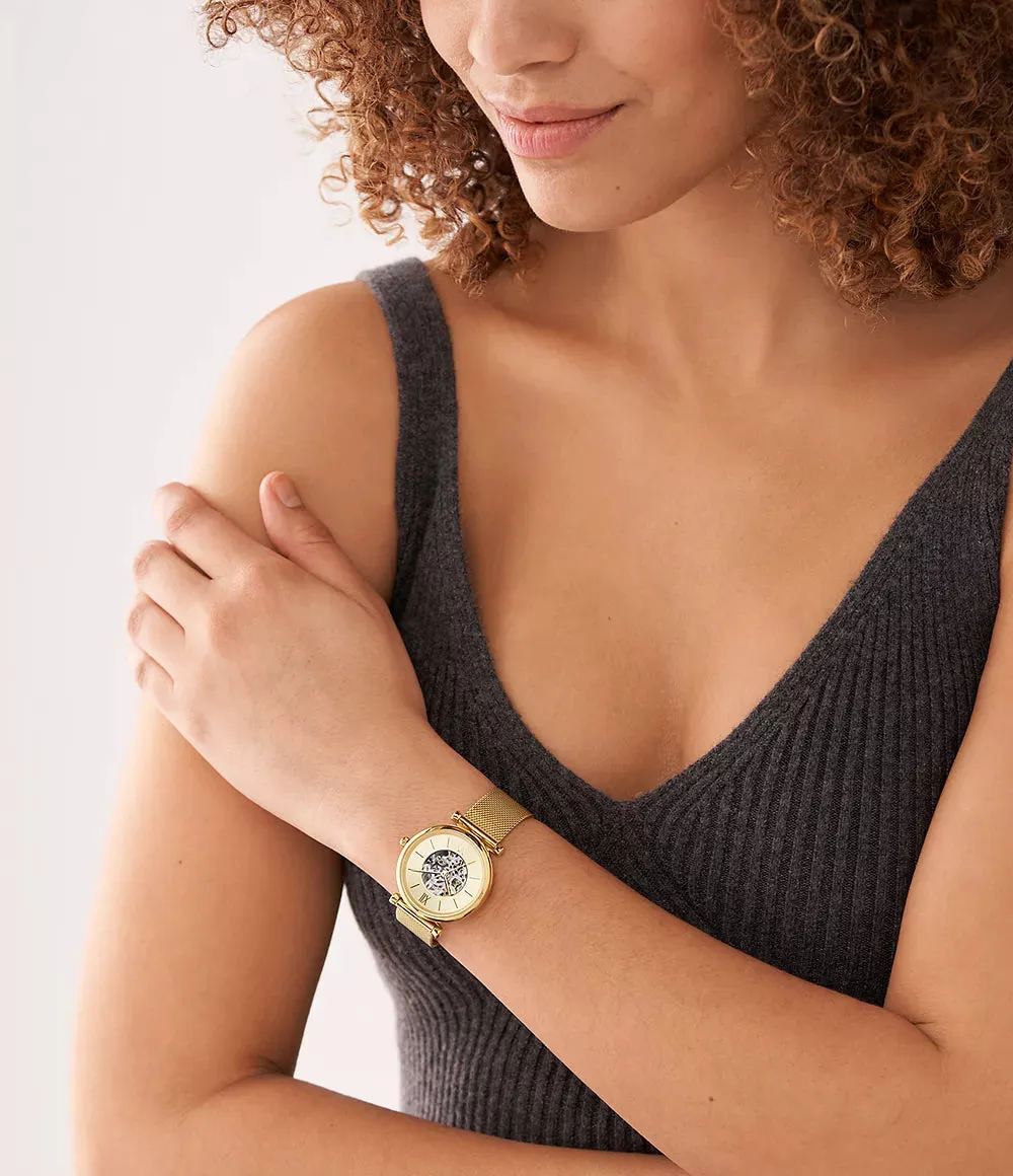 Fossil Carlie Automatic Gold-Tone Stainless Steel Mesh 35mm Ladies Watch