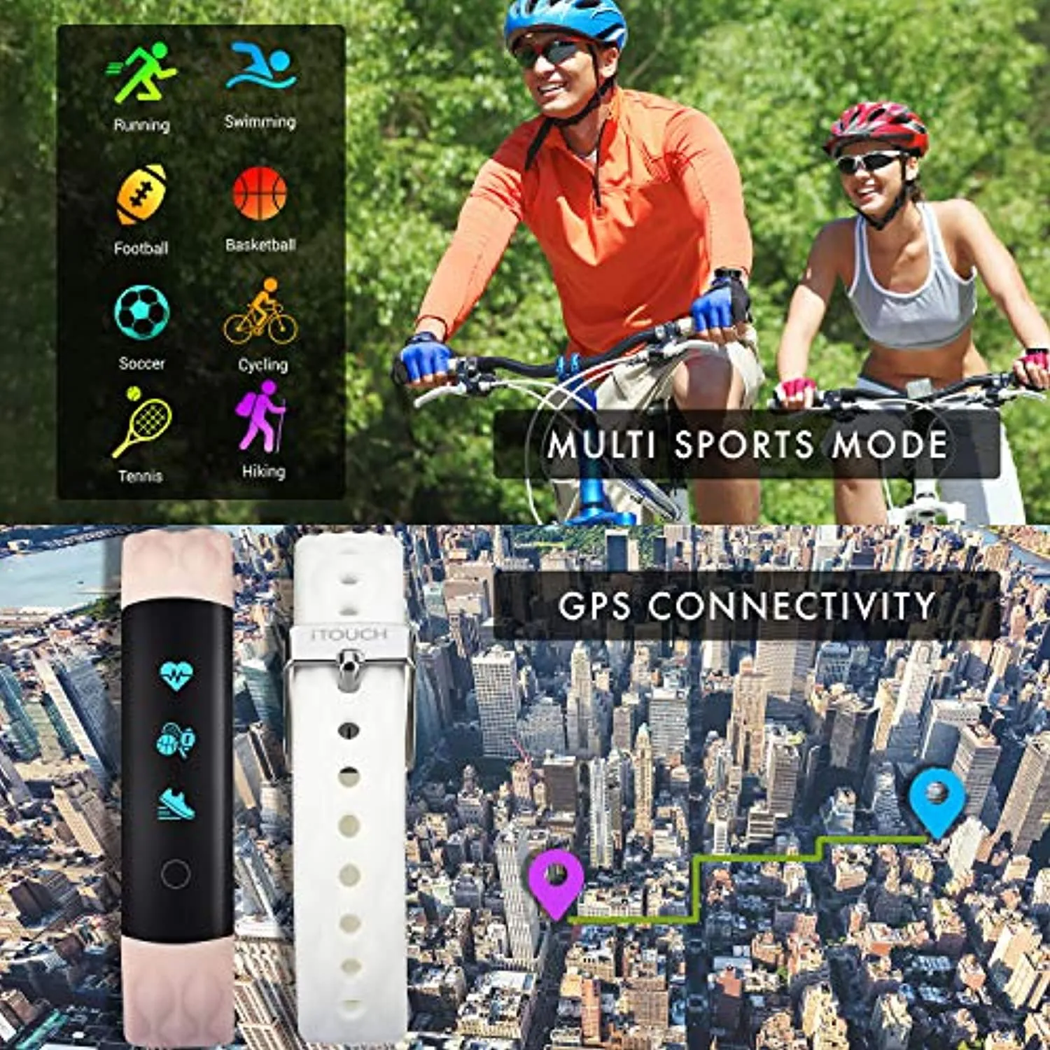 iTouch Slim Waterproof Fitness Activity Tracker, Heart Rate Monitor, Multi-Sports Mode, Pedometer, for Android and iOS Smartphones, Comes with Interchangeable Straps