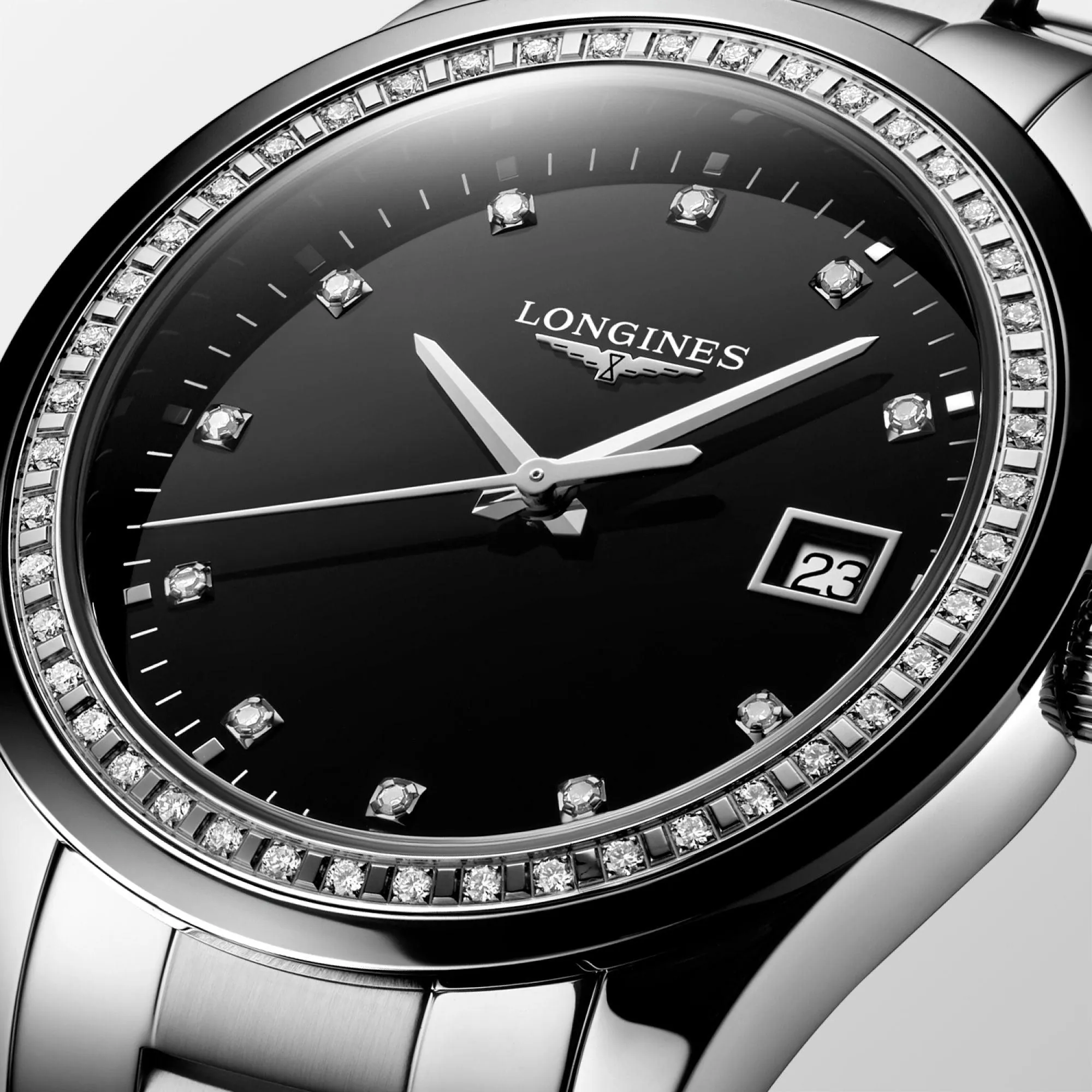 LONGINES CONQUEST CLASSIC 36mm Watch Black Diamonds Quartz Steel L2.387.0.57.6