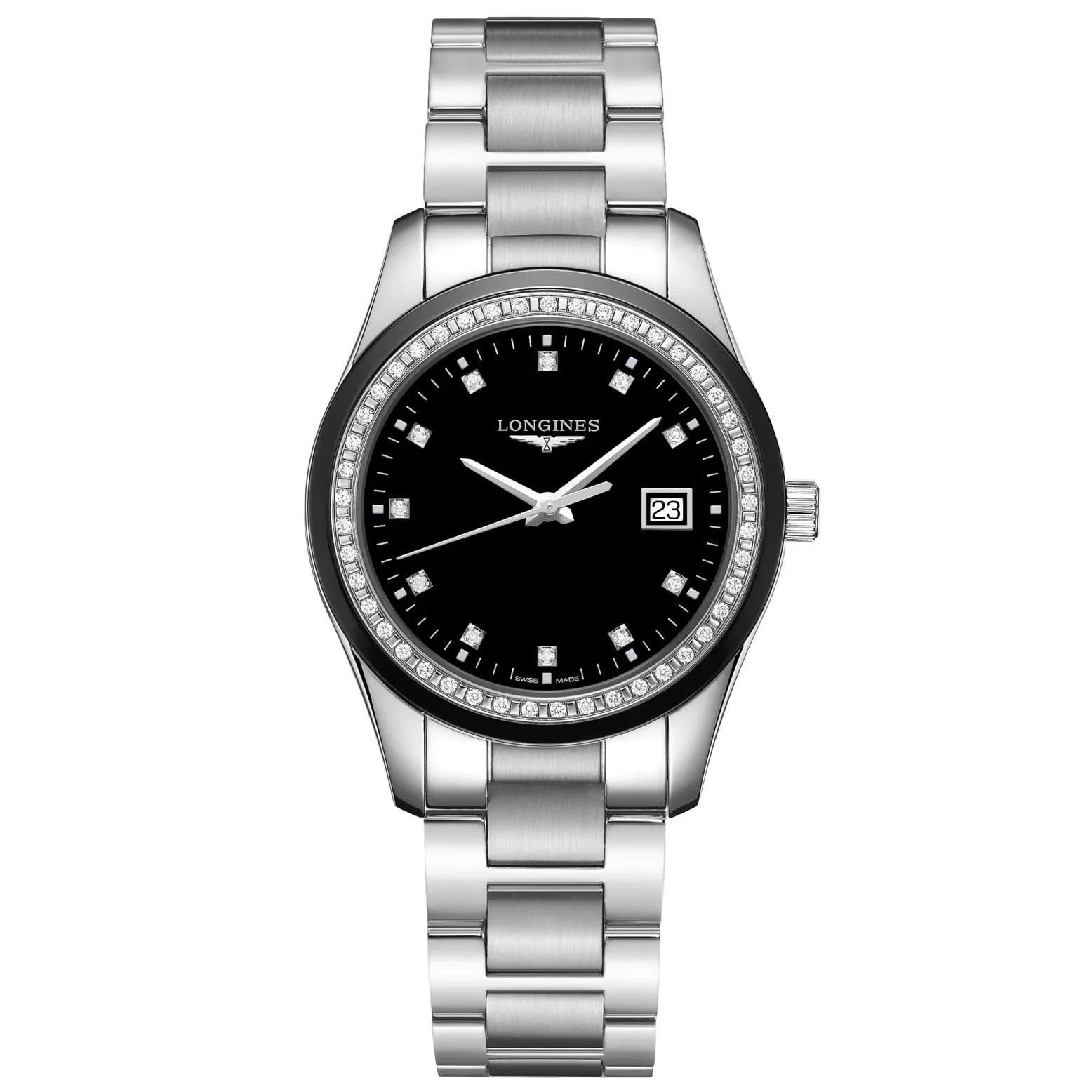 LONGINES CONQUEST CLASSIC 36mm Watch Black Diamonds Quartz Steel L2.387.0.57.6