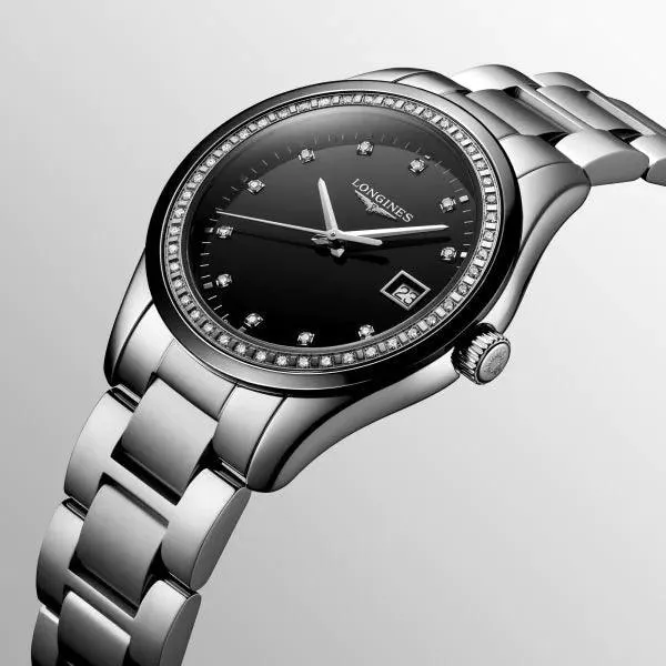 LONGINES CONQUEST CLASSIC 36mm Watch Black Diamonds Quartz Steel L2.387.0.57.6