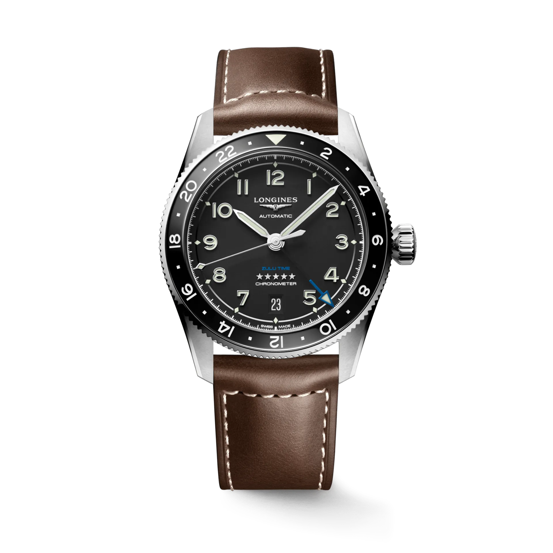 Longines Spirit Zulu Time 39mm Black Dial GMT Leather Men's Watch L38024532