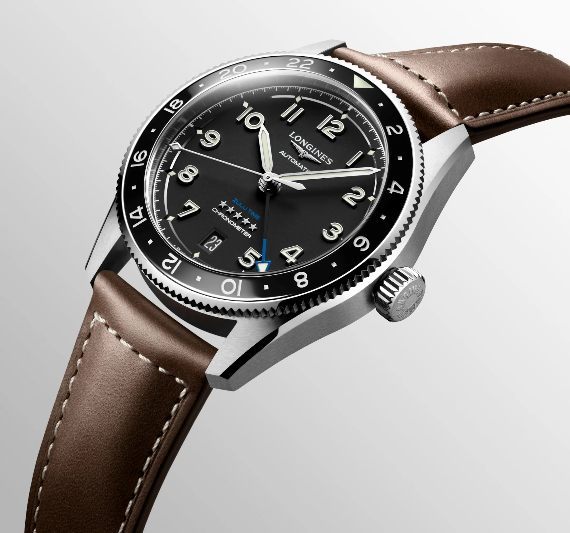 Longines Spirit Zulu Time 39mm Black Dial GMT Leather Men's Watch L38024532