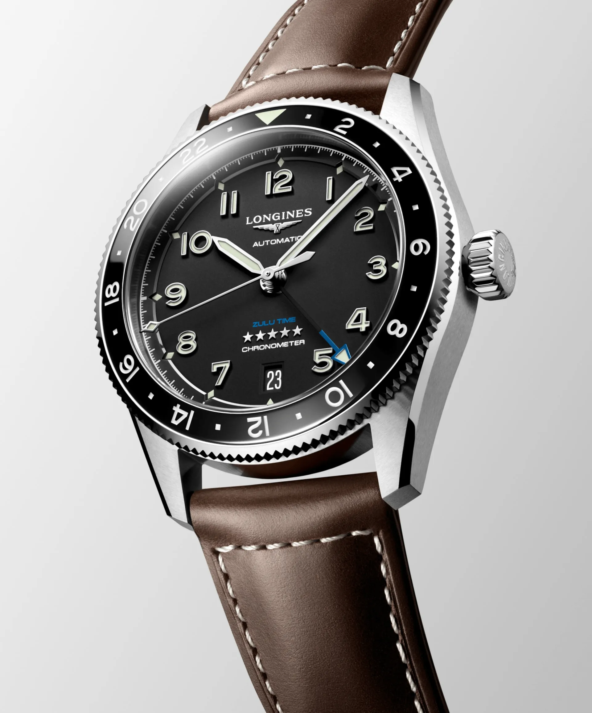 Longines Spirit Zulu Time 39mm Black Dial GMT Leather Men's Watch L38024532