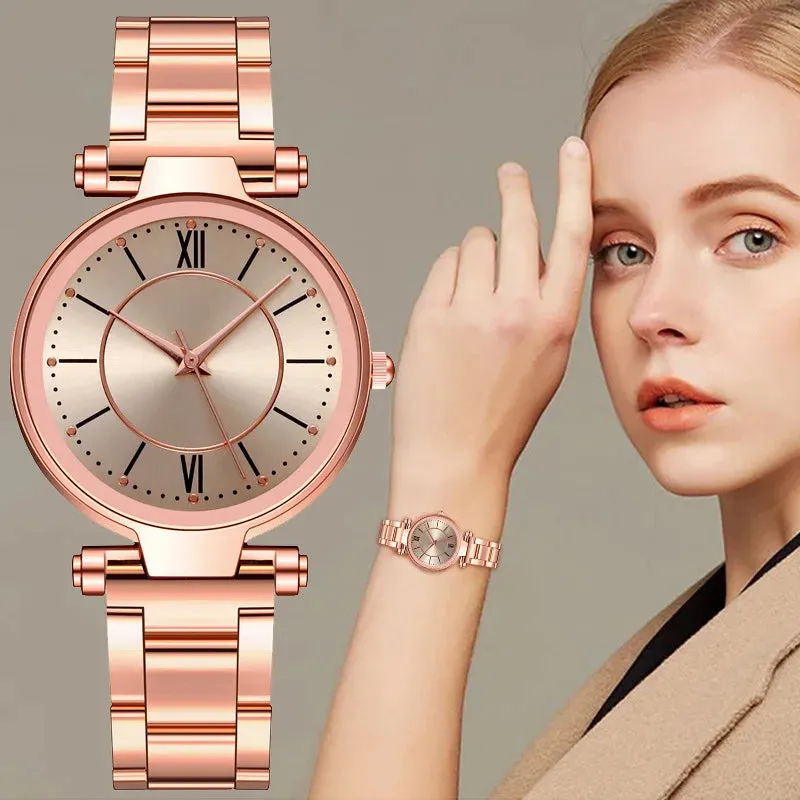 Luxury Rose Gold Stainless Steel Watches Female Classic Round Dial Quartz Watch Women Business Wristwatches Wrist Jewelry Reloj, Rose Quartz Watch for Women