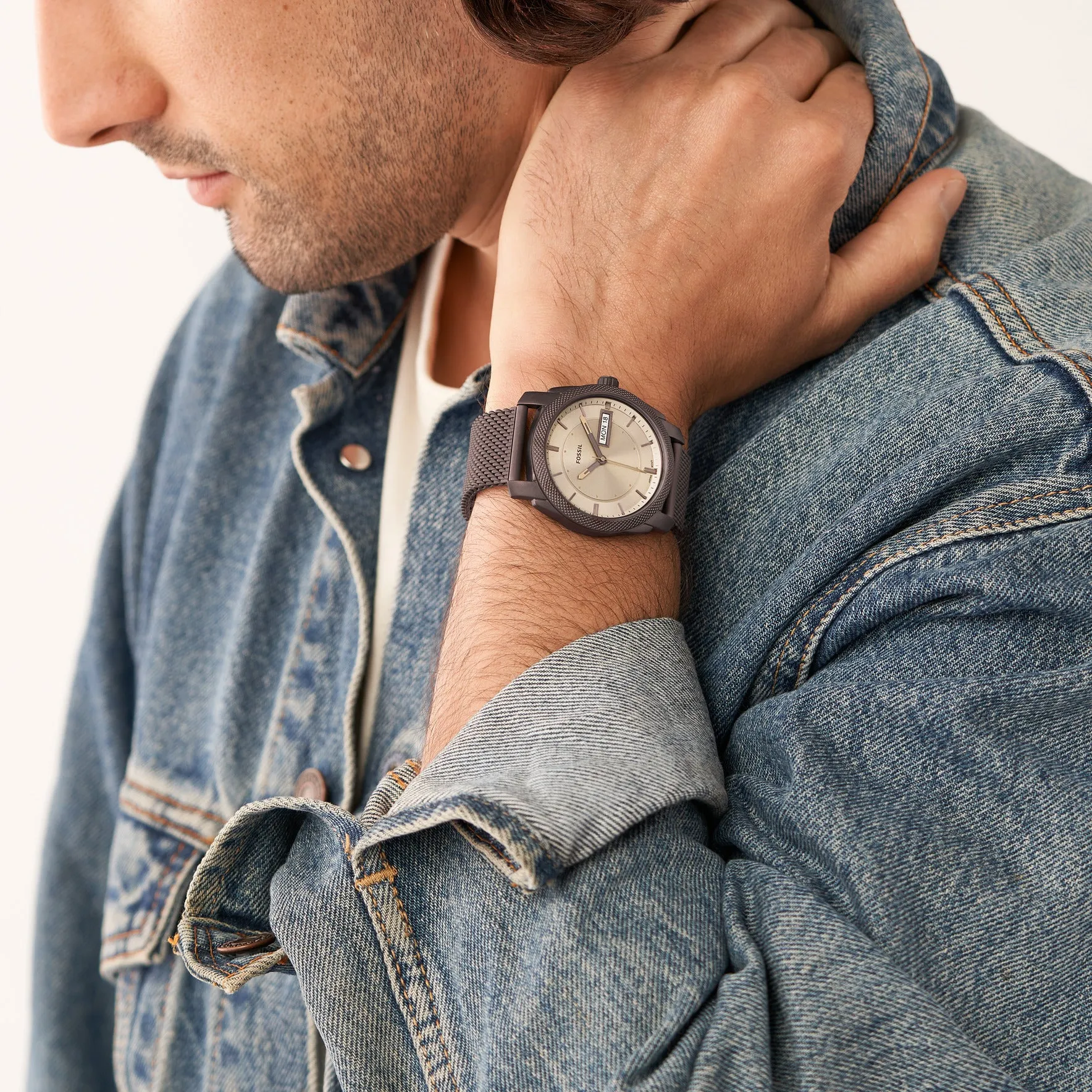 Machine Three-Hand Day-Date Brown Stainless Steel Mesh Watch
