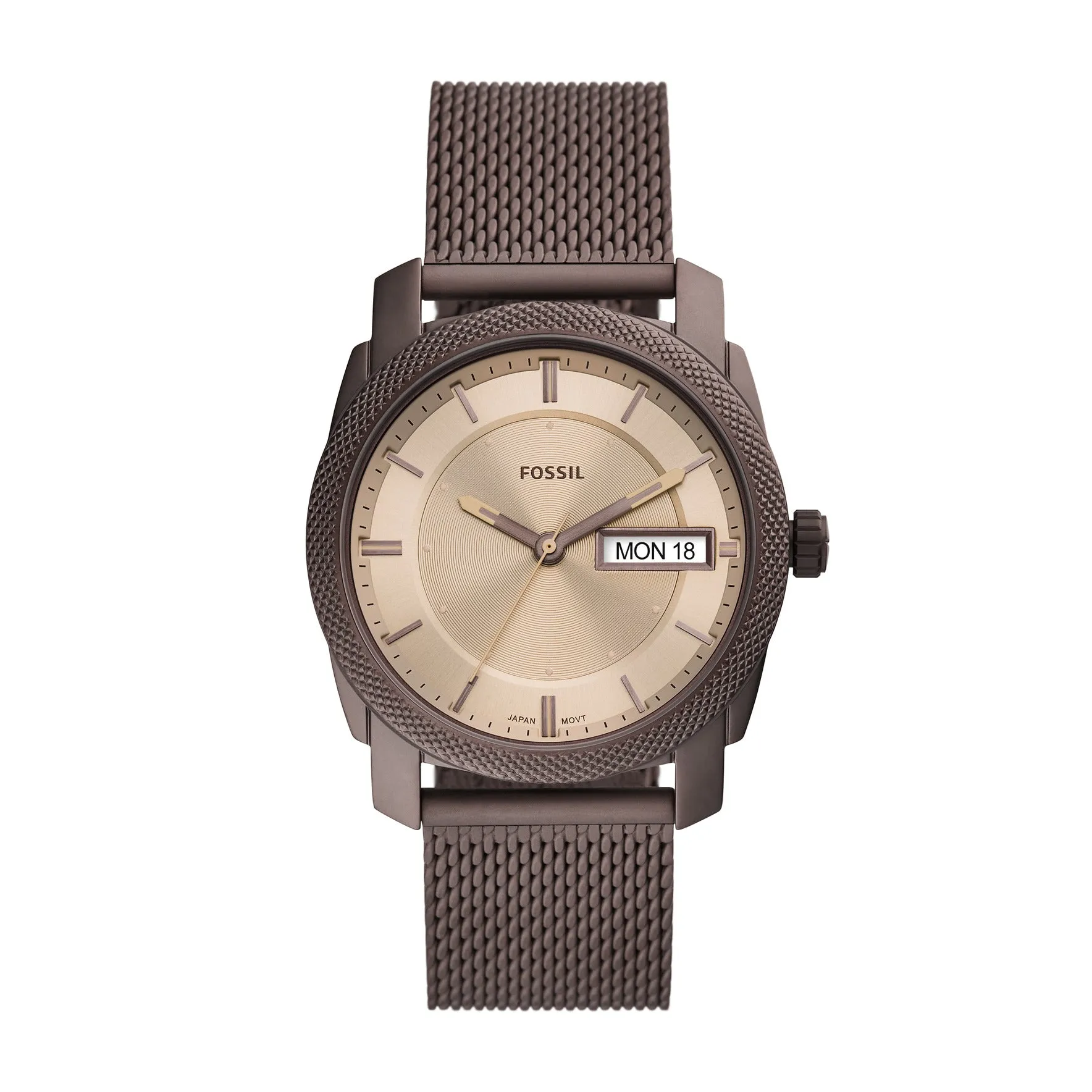 Machine Three-Hand Day-Date Brown Stainless Steel Mesh Watch