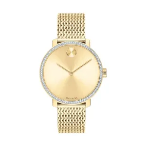 Movado Bold Shimmer Ladies Gold Tone Crystal Pave Bezel Mesh Strap Watch