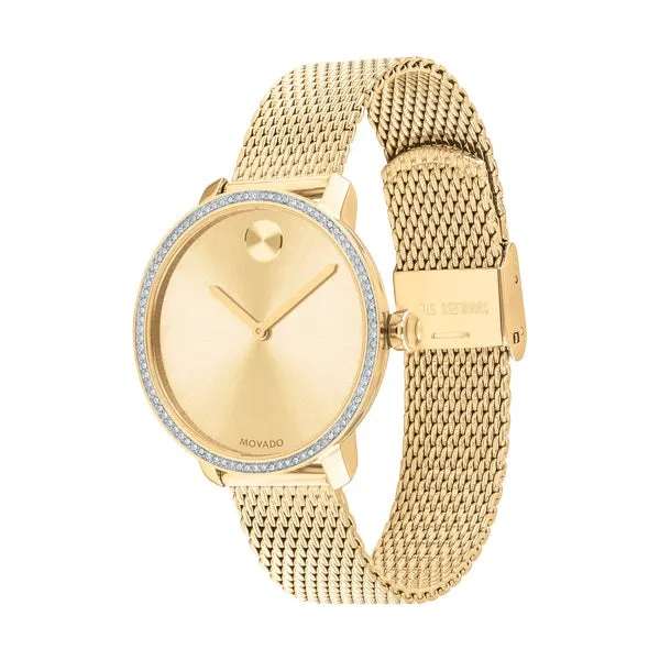 Movado Bold Shimmer Ladies Gold Tone Crystal Pave Bezel Mesh Strap Watch