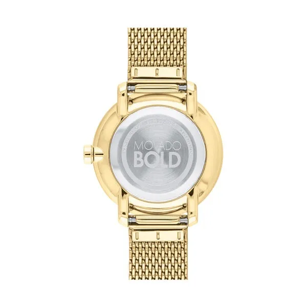 Movado Bold Shimmer Ladies Gold Tone Crystal Pave Bezel Mesh Strap Watch