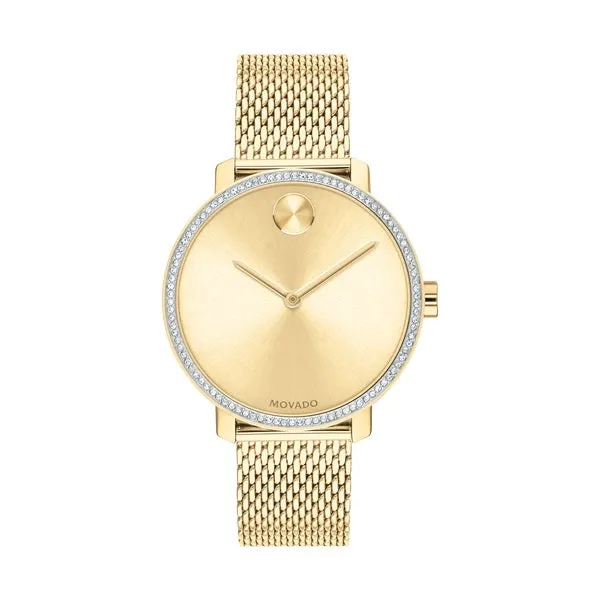 Movado Bold Shimmer Ladies Gold Tone Crystal Pave Bezel Mesh Strap Watch