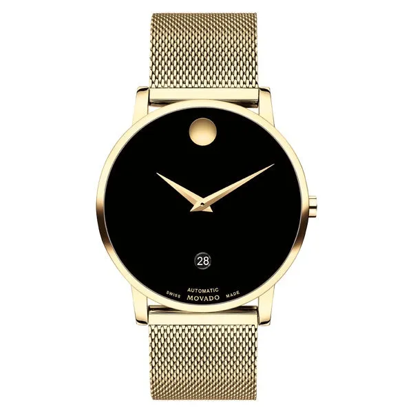 Movado Museum Classic Automatic Mens Gold Tone Black Dial Mesh Strap Watch
