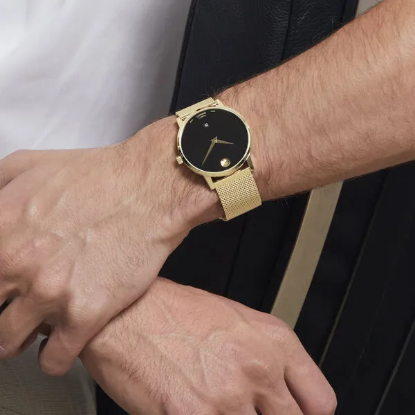 Movado Museum Classic Automatic Mens Gold Tone Black Dial Mesh Strap Watch