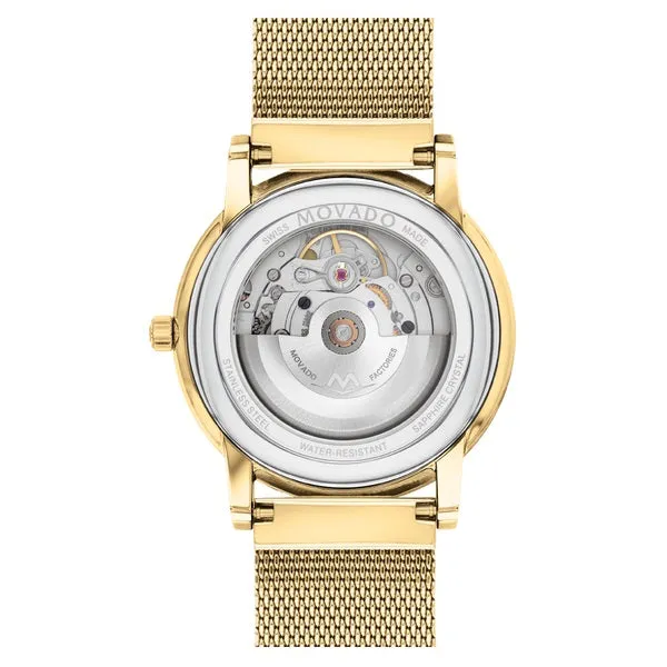 Movado Museum Classic Automatic Mens Gold Tone Black Dial Mesh Strap Watch