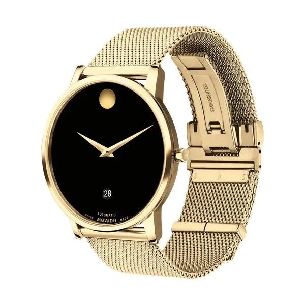 Movado Museum Classic Automatic Mens Gold Tone Black Dial Mesh Strap Watch