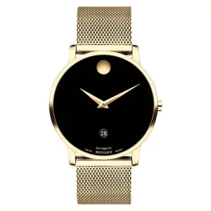 Movado Museum Classic Automatic Mens Gold Tone Black Dial Mesh Strap Watch