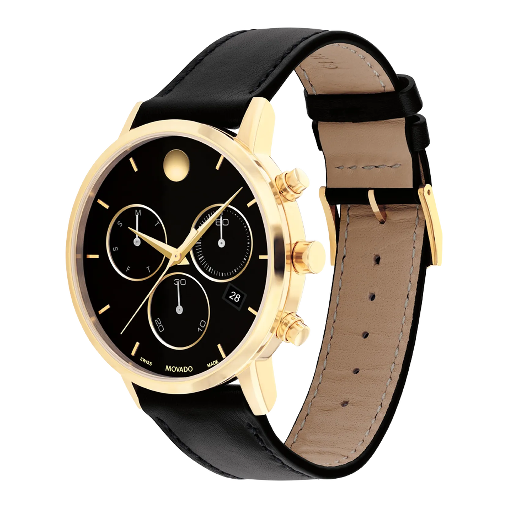 Movado Museum Classic Mens Black and Gold Dial Chronograph with Black Leather Strap Watch