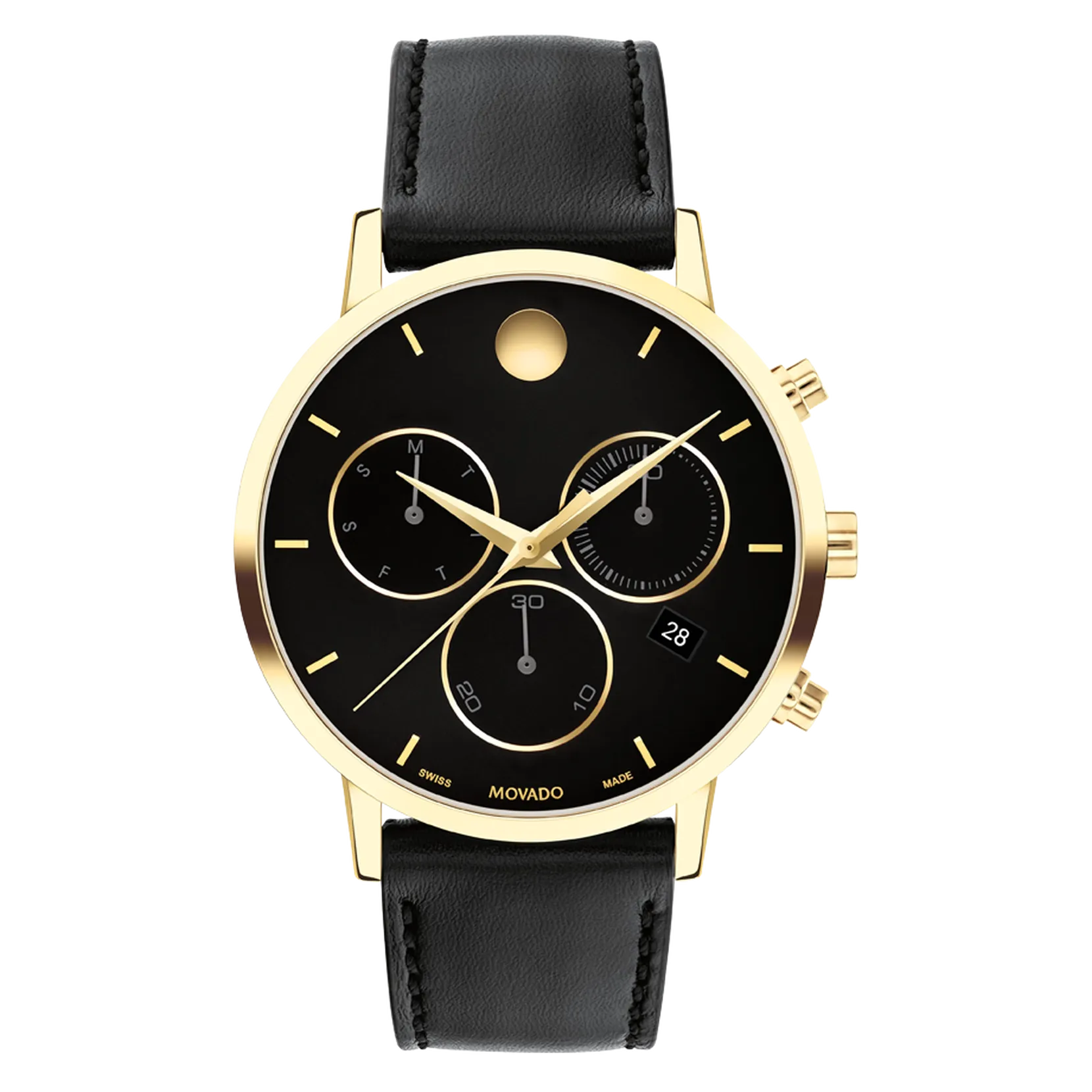 Movado Museum Classic Mens Black and Gold Dial Chronograph with Black Leather Strap Watch