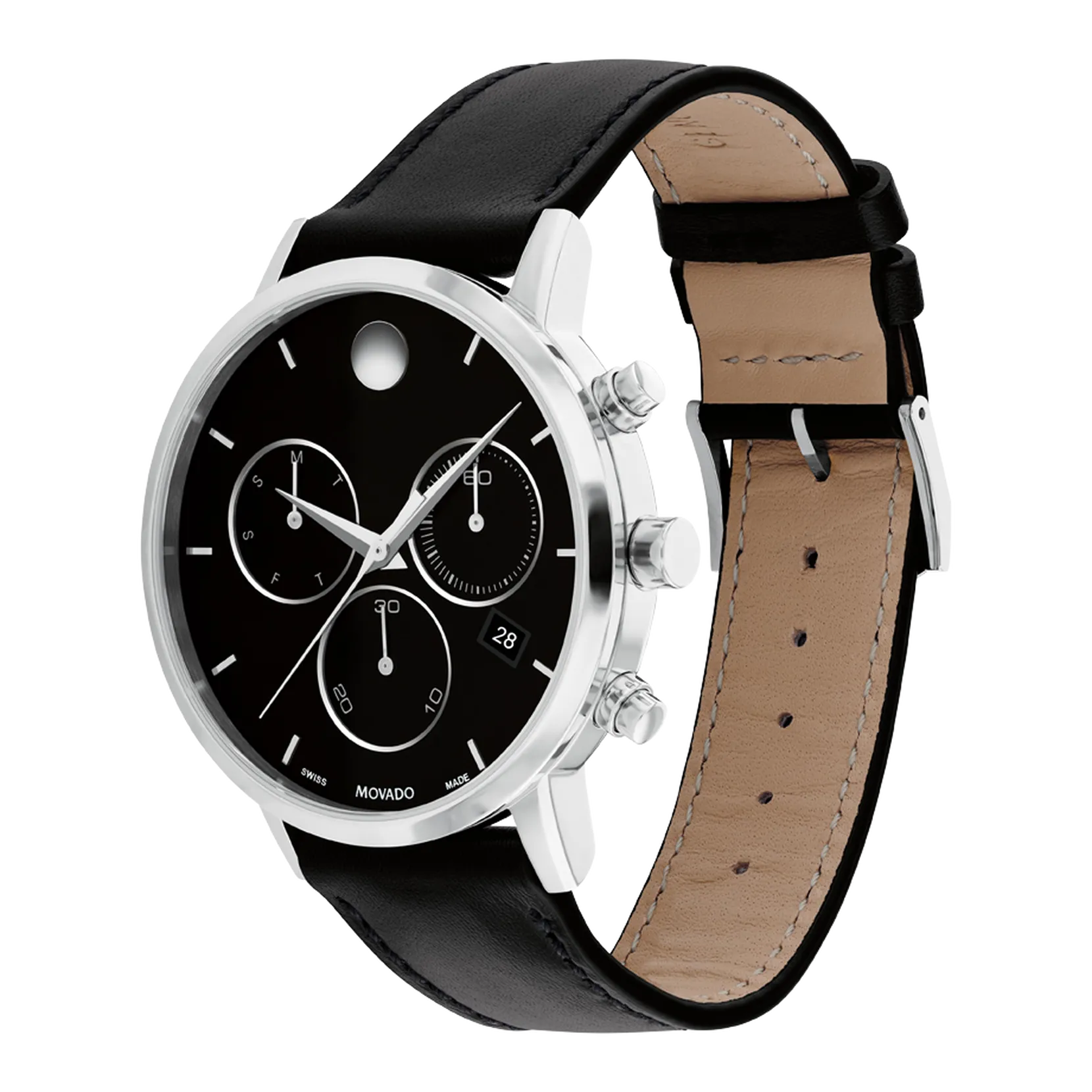 Movado Museum Classic Mens Black and Gold Dial Chronograph with Black Leather Strap Watch