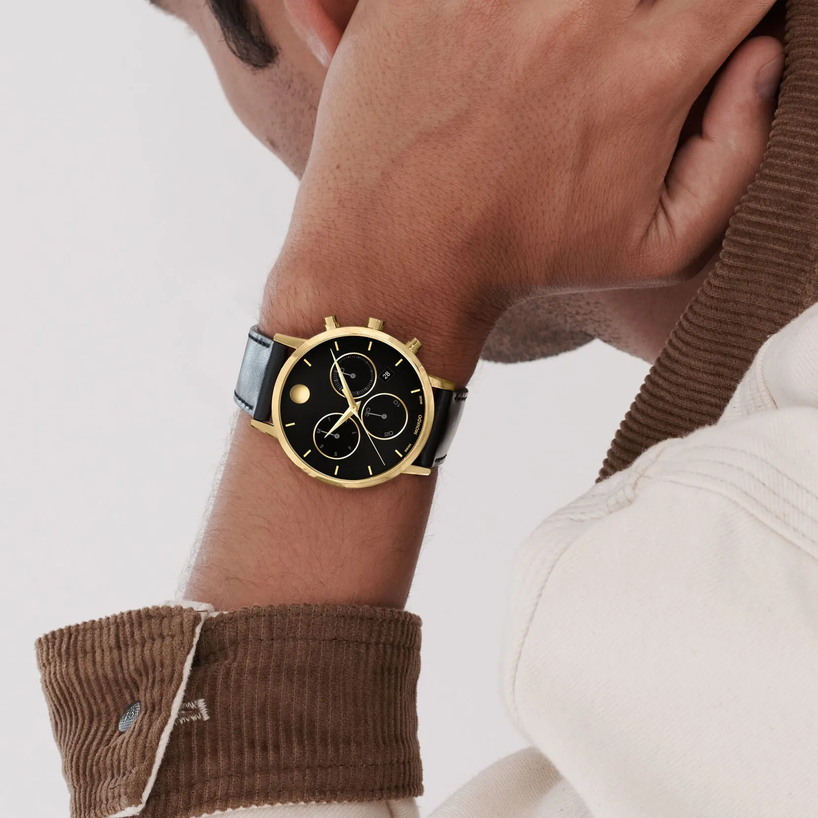 Movado Museum Classic Mens Black and Gold Dial Chronograph with Black Leather Strap Watch