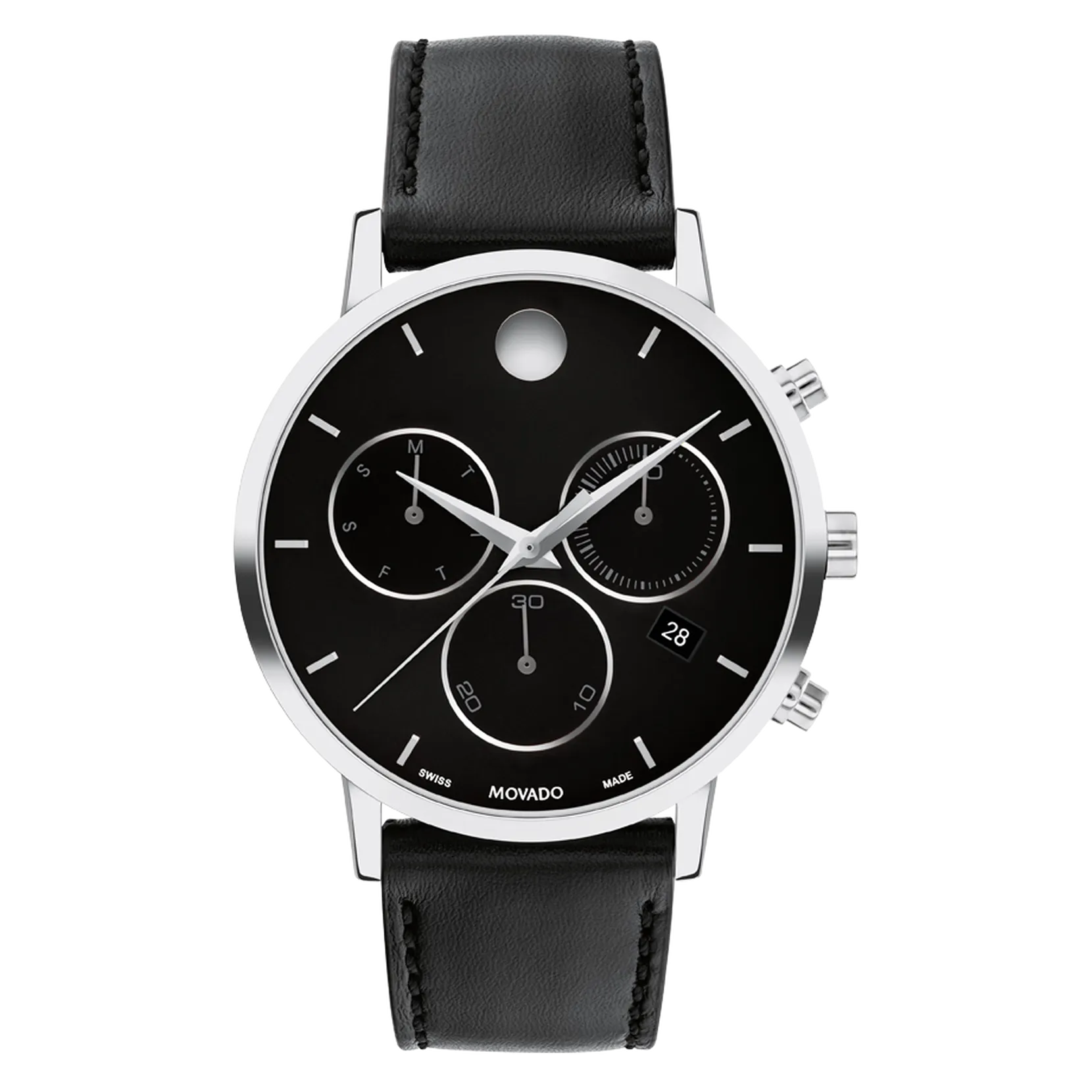 Movado Museum Classic Mens Black and Gold Dial Chronograph with Black Leather Strap Watch