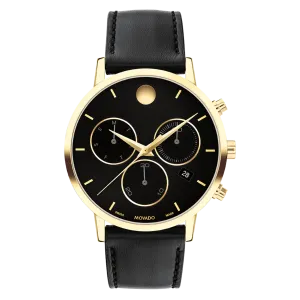 Movado Museum Classic Mens Black and Gold Dial Chronograph with Black Leather Strap Watch