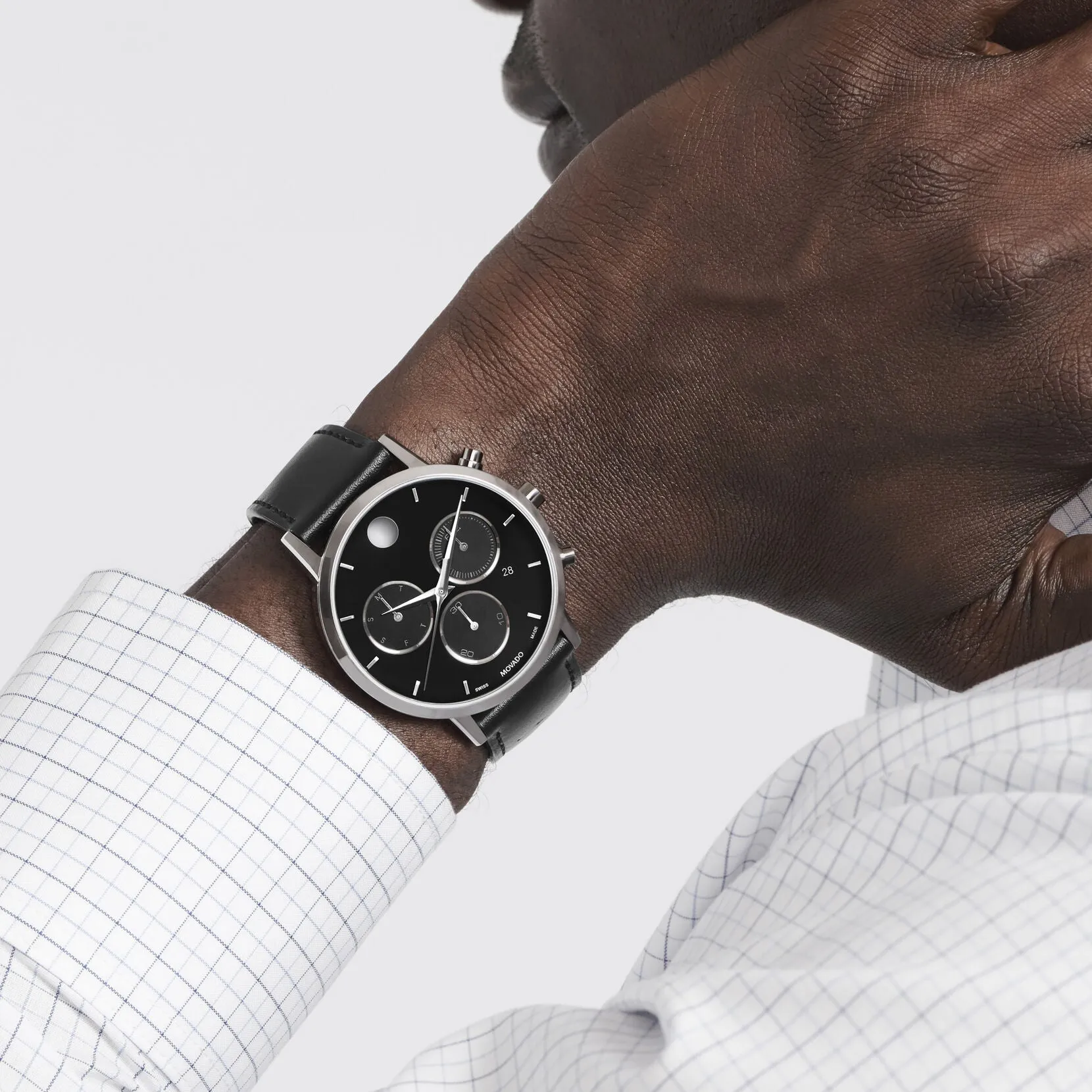 Movado Museum Classic Mens Black and Gold Dial Chronograph with Black Leather Strap Watch