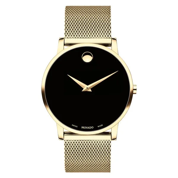 Movado Museum Classic Mens Gold Tone Black Dial Mesh Strap Watch