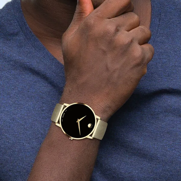 Movado Museum Classic Mens Gold Tone Black Dial Mesh Strap Watch