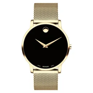 Movado Museum Classic Mens Gold Tone Black Dial Mesh Strap Watch
