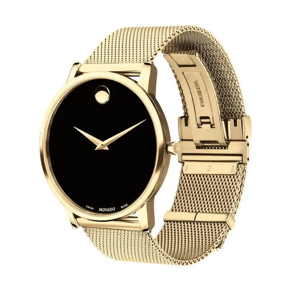 Movado Museum Classic Mens Gold Tone Black Dial Mesh Strap Watch